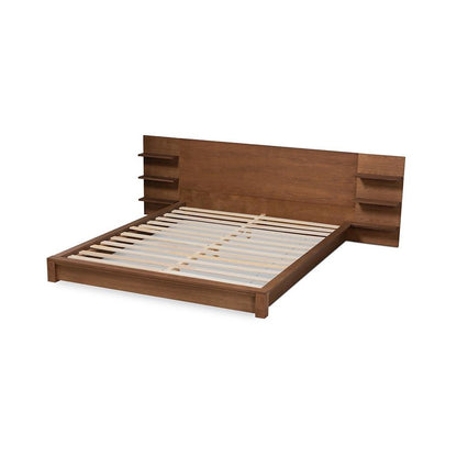 Walnut Brown Finished Wood King Size Platform Storage Bed with Shelves