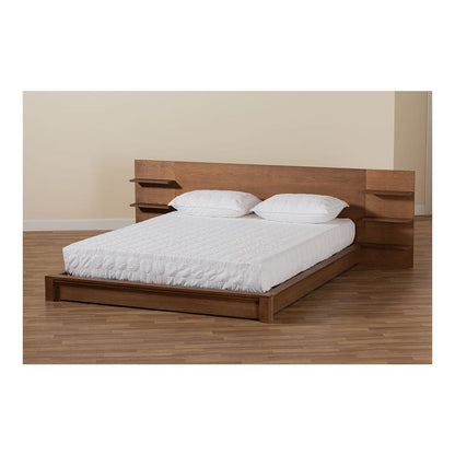 Walnut Brown Finished Wood King Size Platform Storage Bed with Shelves