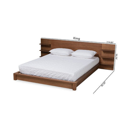 Walnut Brown Finished Wood King Size Platform Storage Bed with Shelves