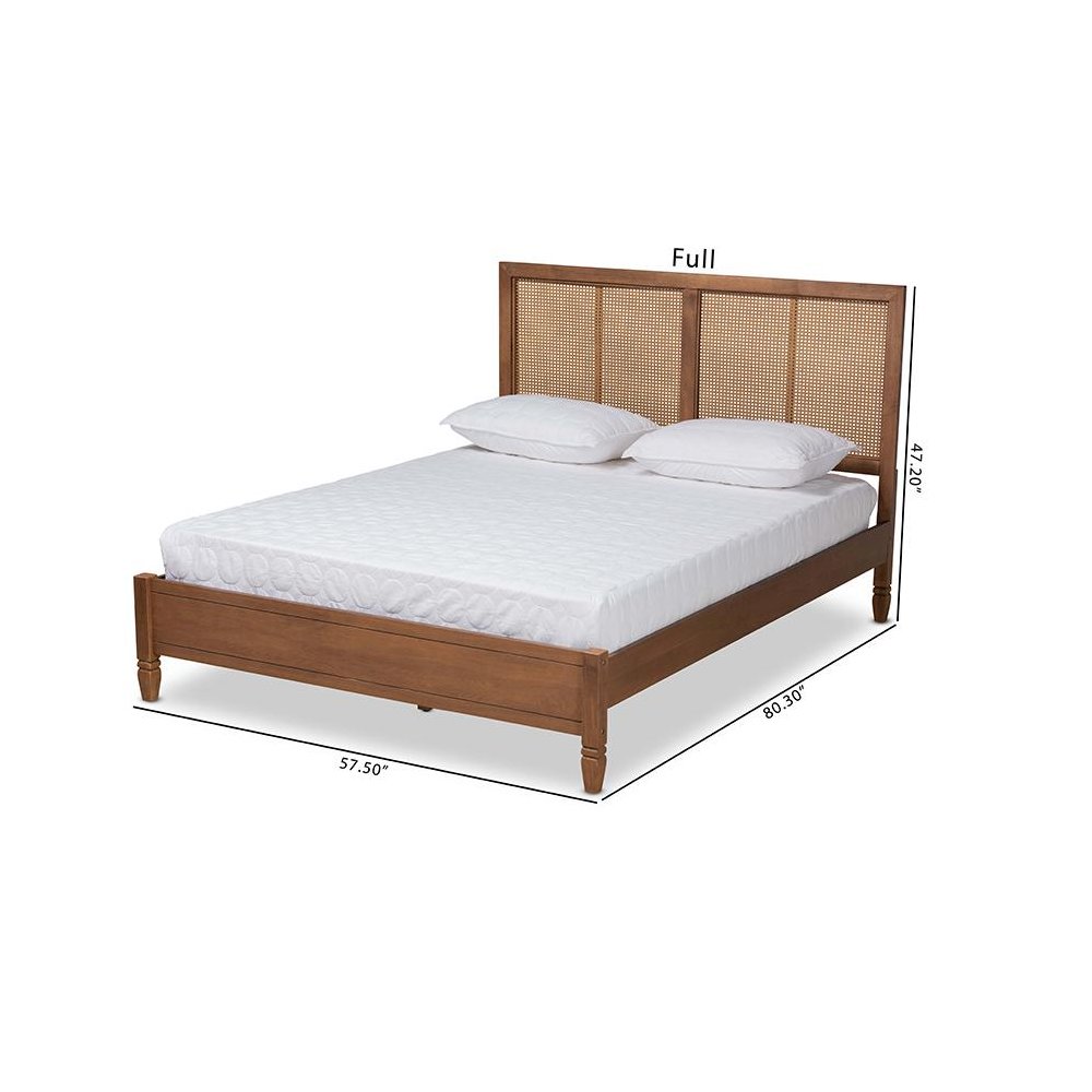 Walnut Brown Finished Wood and Synthetic Rattan Queen Size Platform Bed