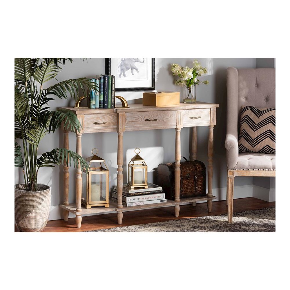 Provincial Rustic Whitewashed Oak Brown Finished Wood 3-Drawer Console Table