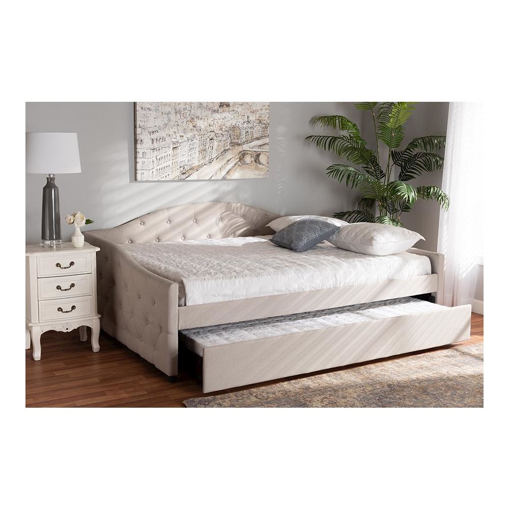 Transitional Beige Fabric Upholstered Queen Size Daybed with Trundle