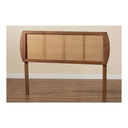 Modern Ash Walnut Finished Wood and Synthetic Rattan Queen Size Headboard