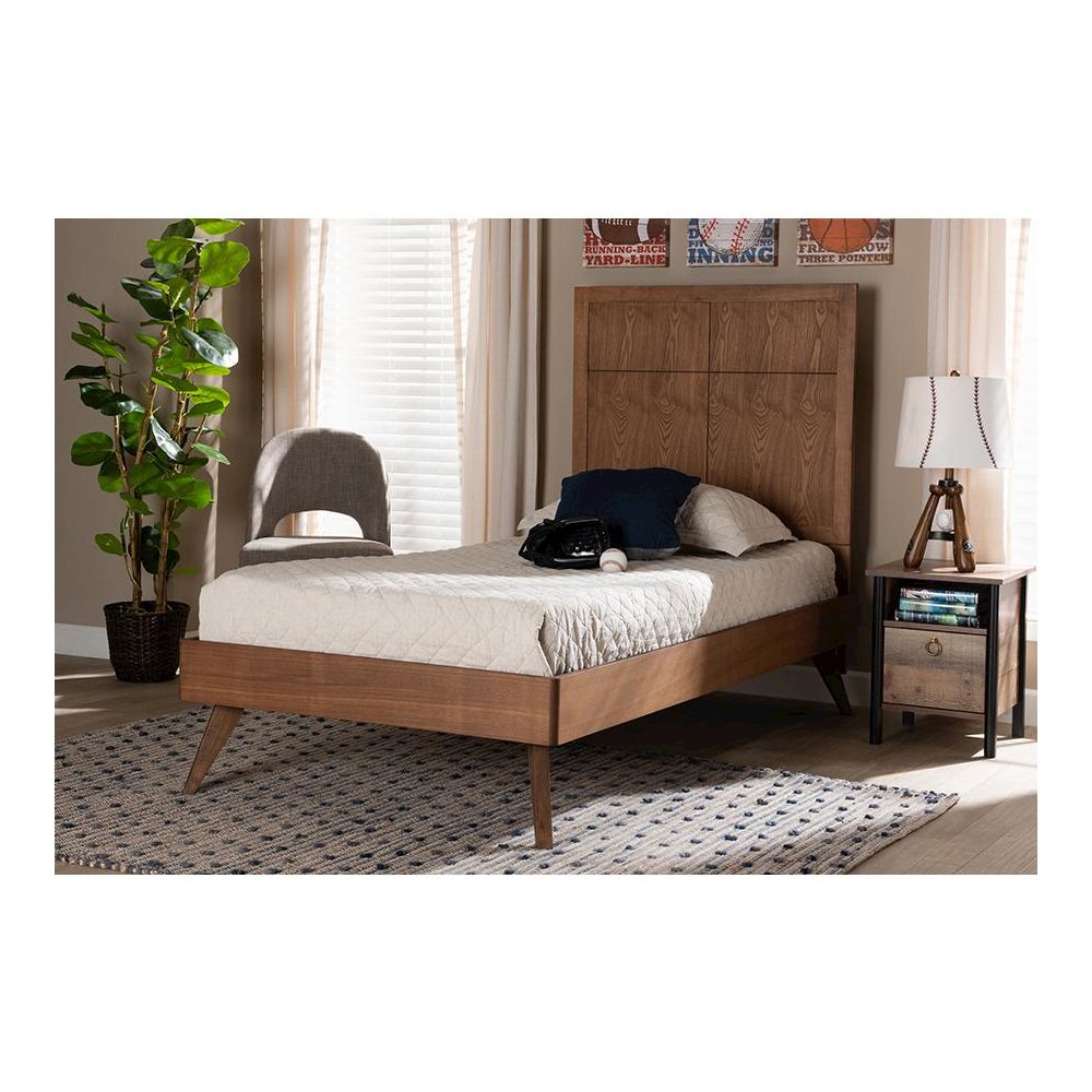 Noela Mid-Century Modern Walnut Brown Finished Wood Twin Size Platform Bed