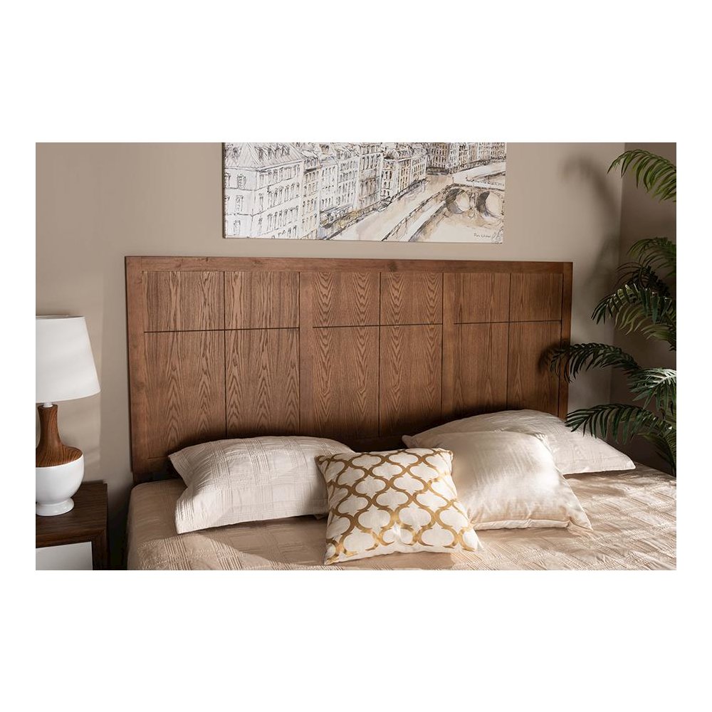 Transitional and Rustic Ash Walnut Finished Wood King Size Headboard