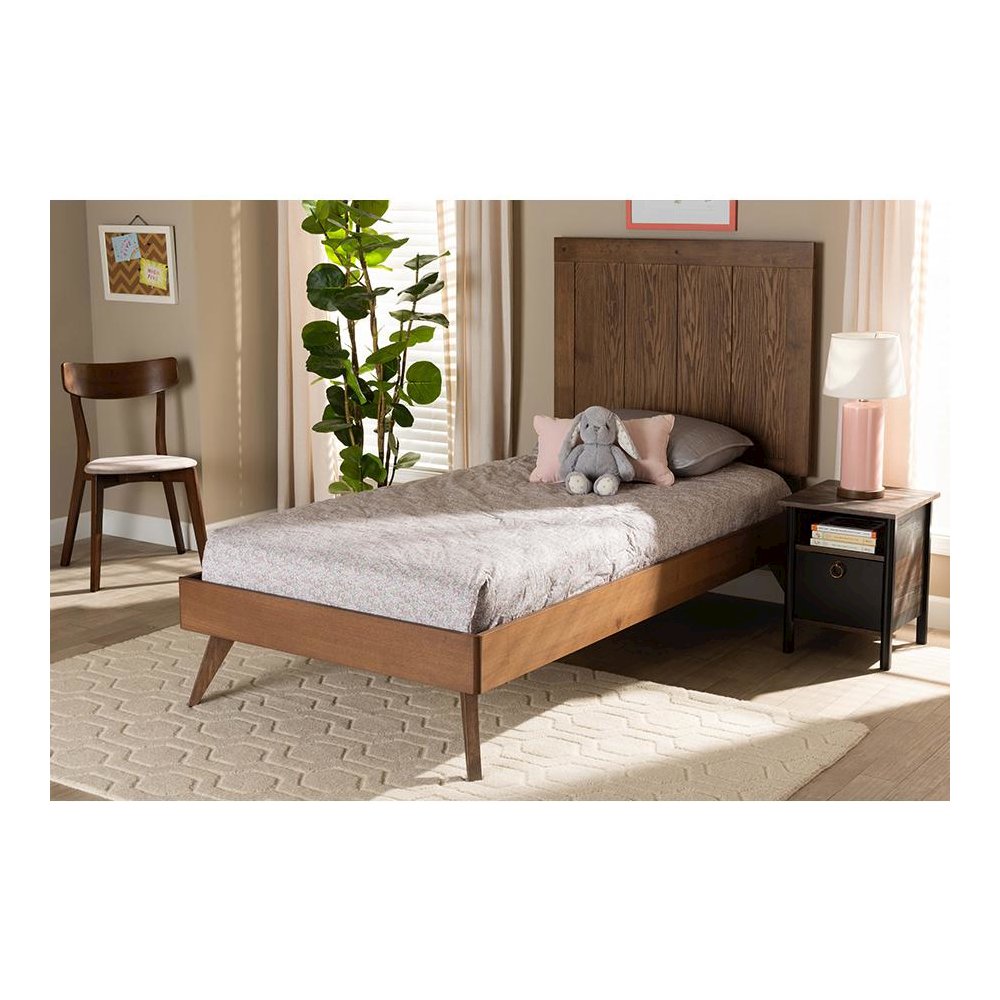Transitional Ash Walnut Finished Wood Twin Size Platform Bed