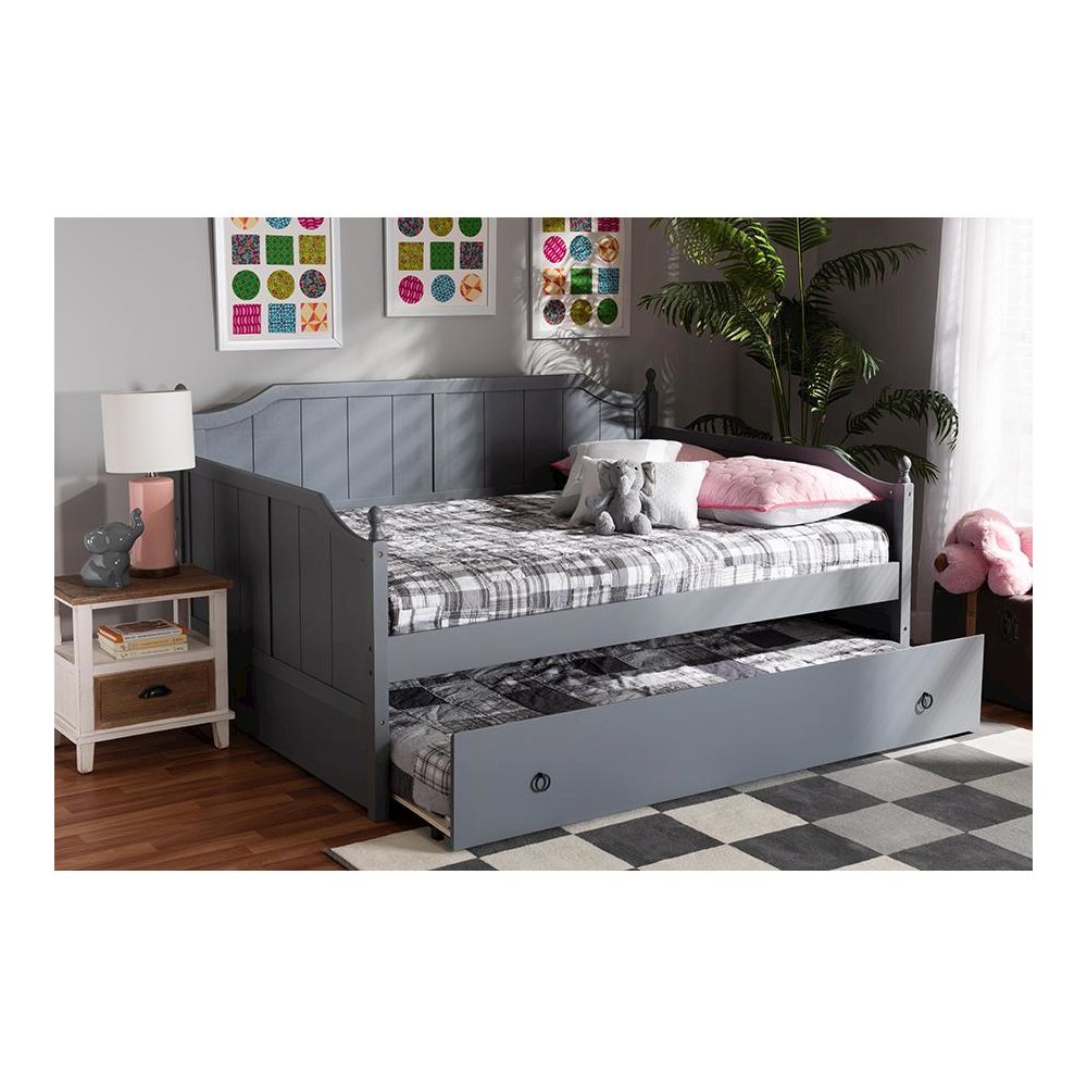 Grey Finished Wood Full Size Daybed with Twin Size Trundle