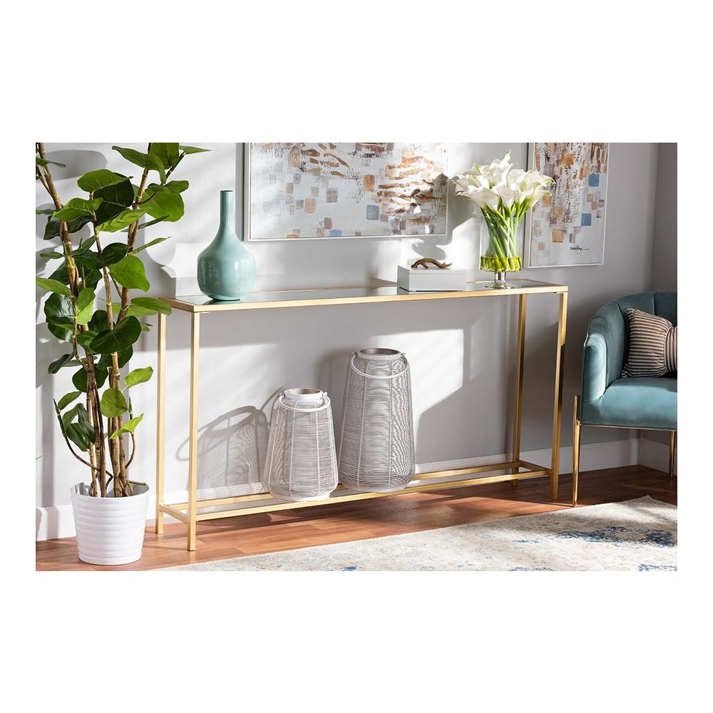 Glam Gold Finished Metal and Mirrored Glass Console Table