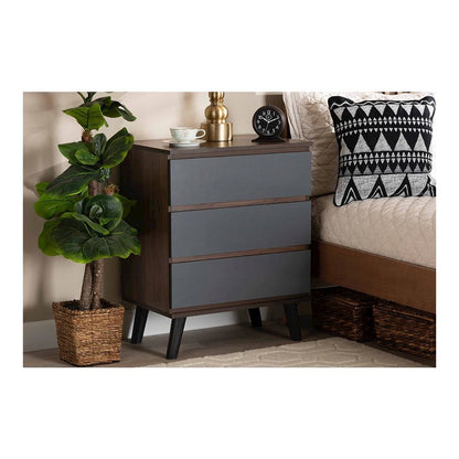 Two-Tone Walnut and Grey Finished Wood 3-Drawer Bedroom Chest