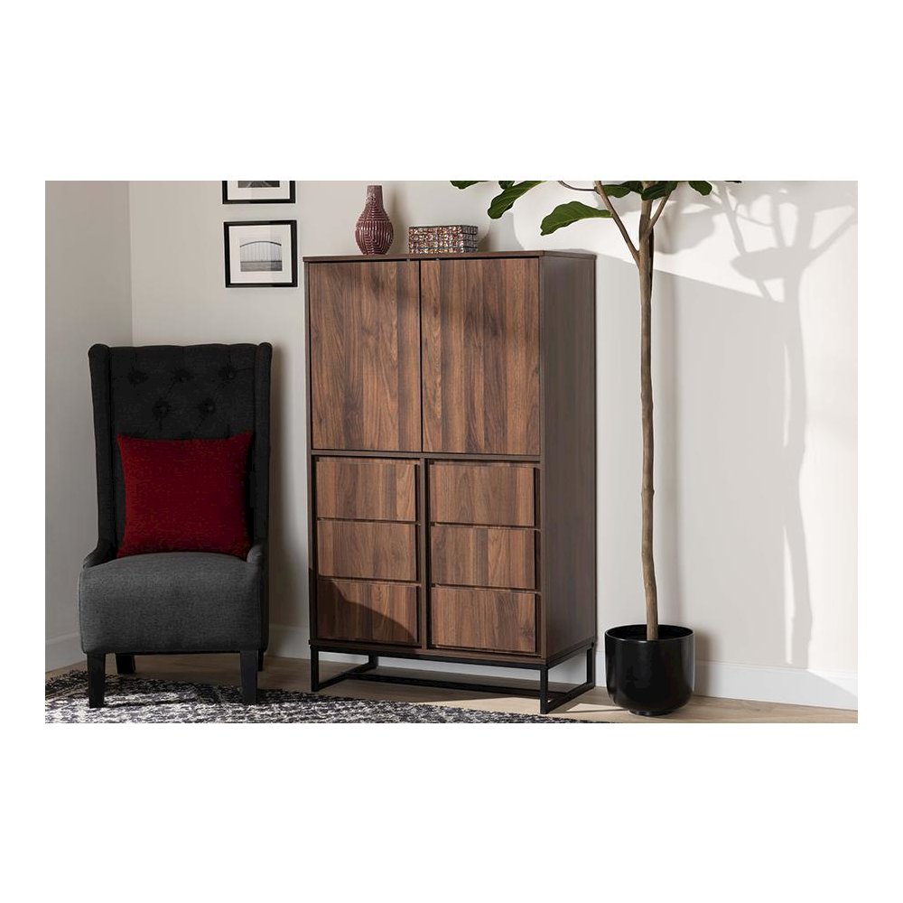 Walnut Brown Finished Wood and Black Finished Metal Multipurpose Storage Cabinet