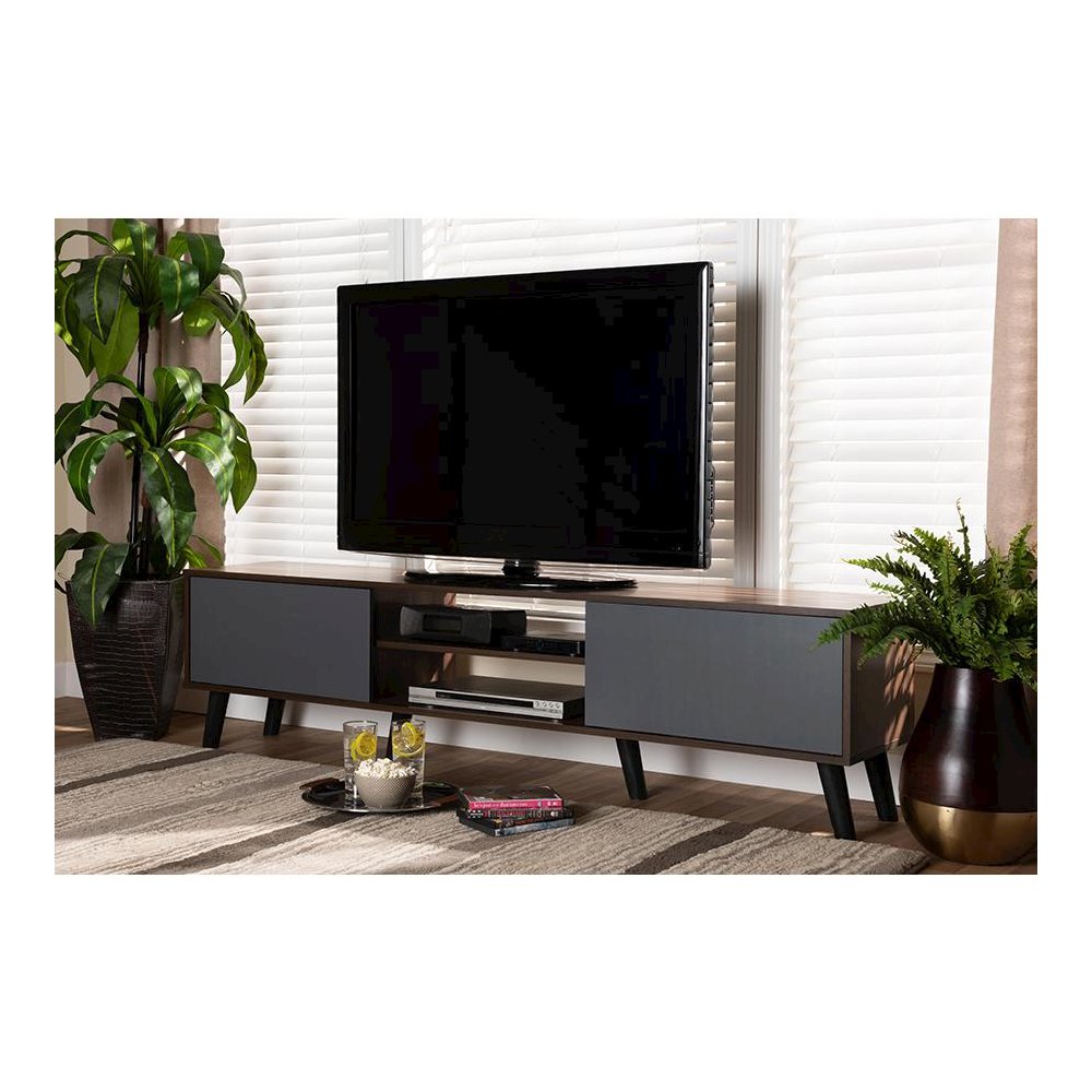 Multi-Tone Grey and Walnut Brown Finished Wood TV Stand