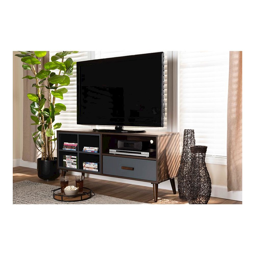 Two-Tone Grey and Walnut Brown Finished Wood 1-Drawer TV Stand