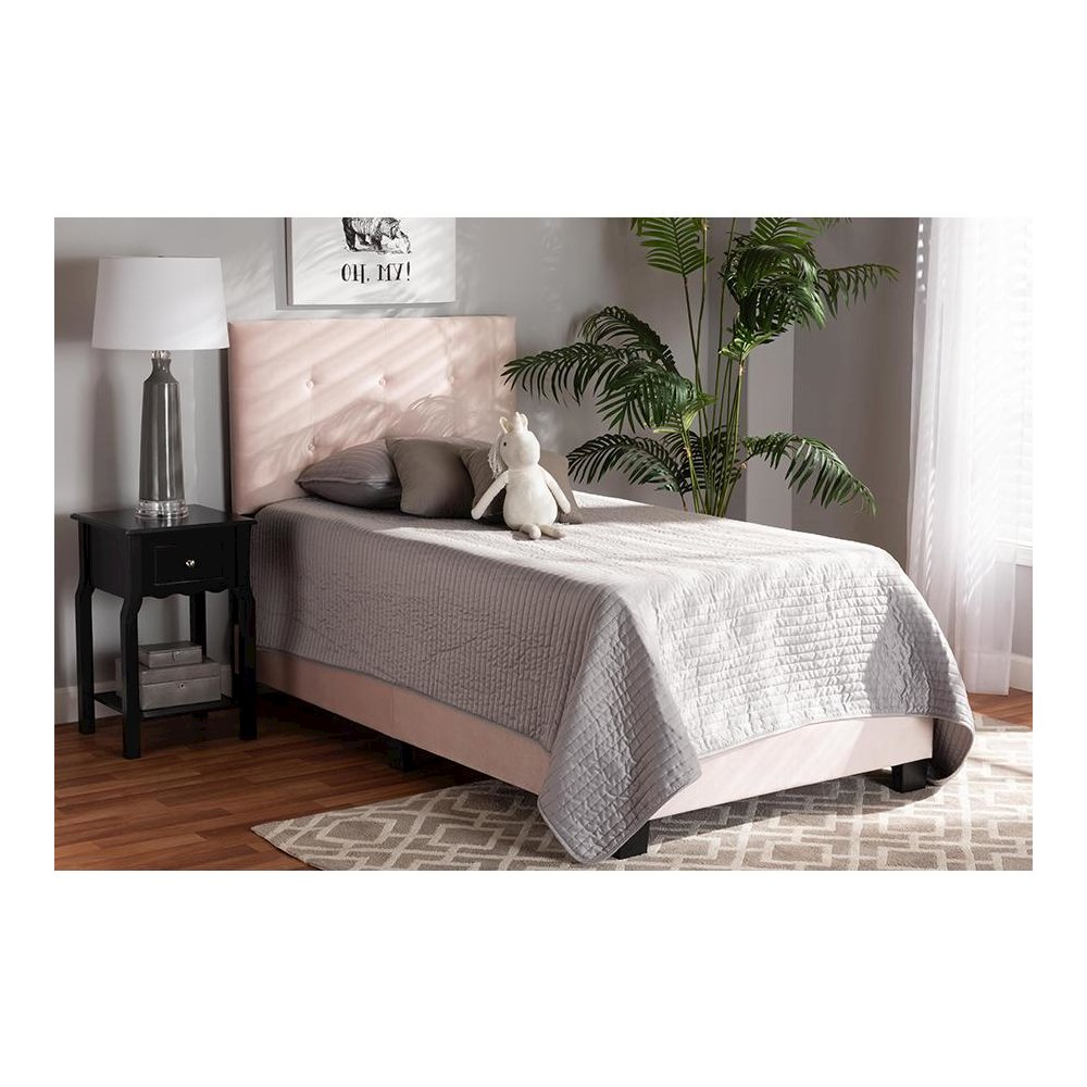 Glam Light Pink Velvet Fabric Upholstered Twin Size Panel Bed