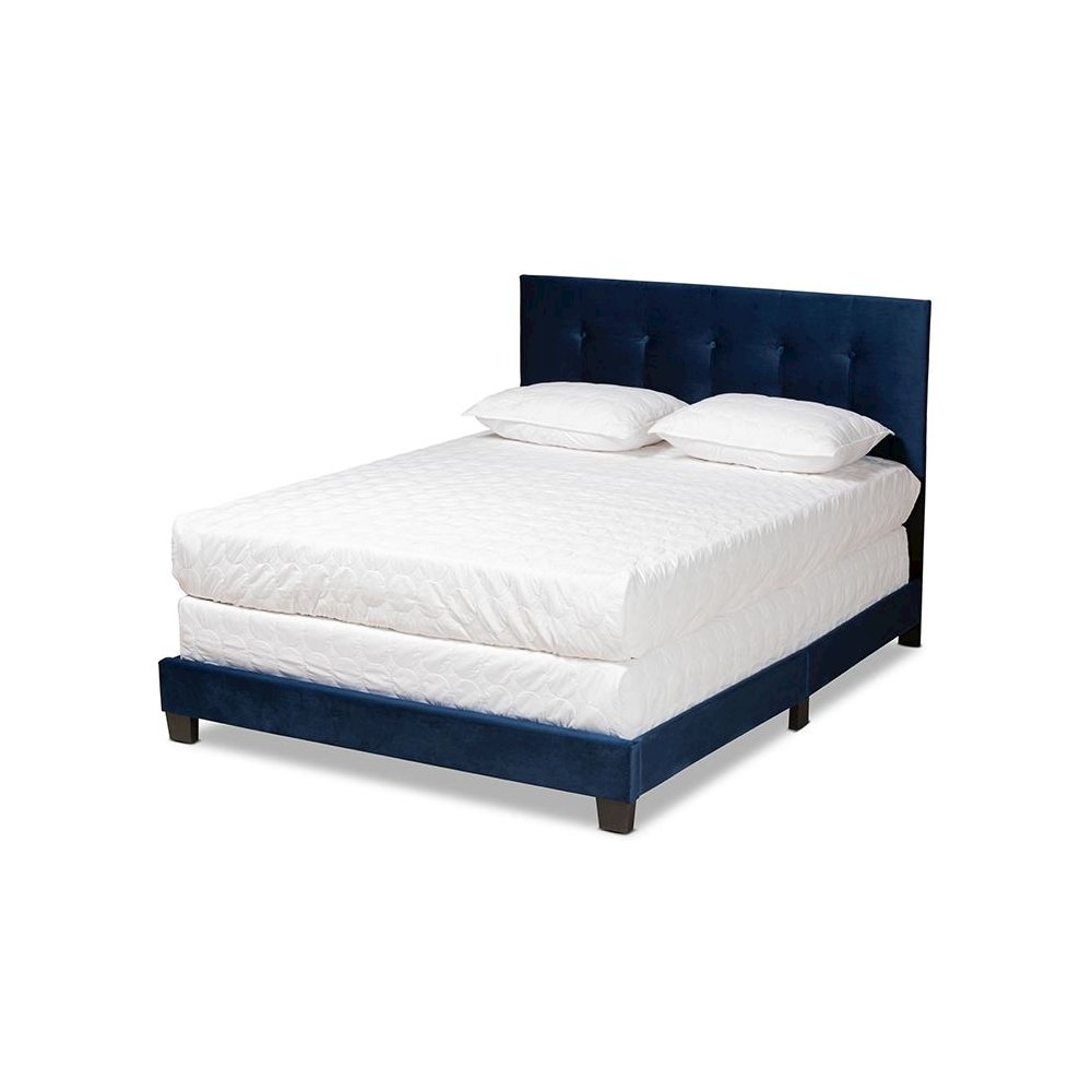 Glam Navy Blue Velvet Fabric Upholstered Queen Size Panel Bed