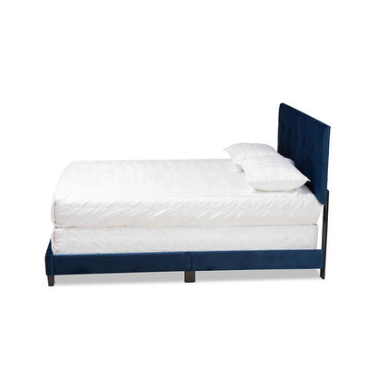 Glam Navy Blue Velvet Fabric Upholstered Queen Size Panel Bed