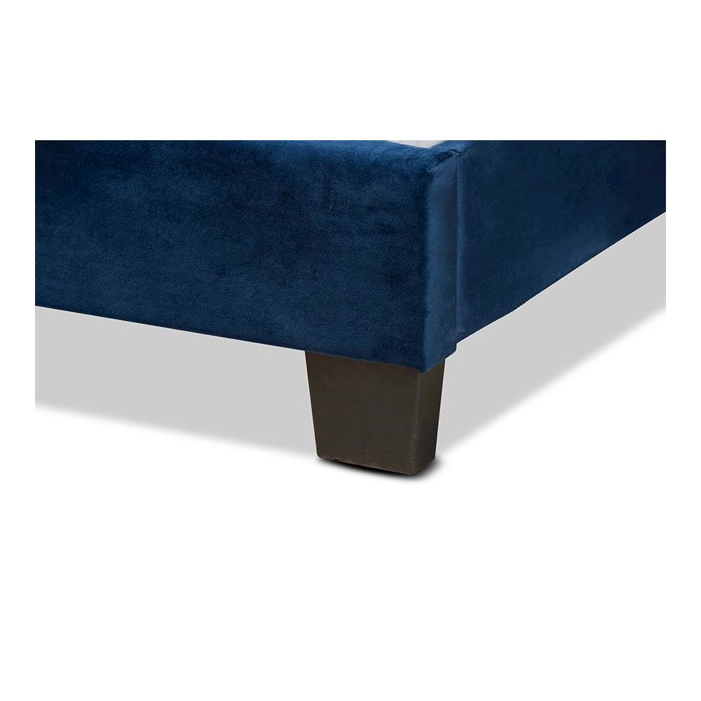 Glam Navy Blue Velvet Fabric Upholstered Queen Size Panel Bed