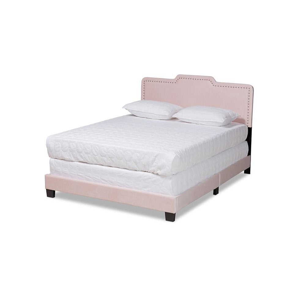 Glam Light Pink Velvet Fabric Upholstered Queen Size Panel Bed
