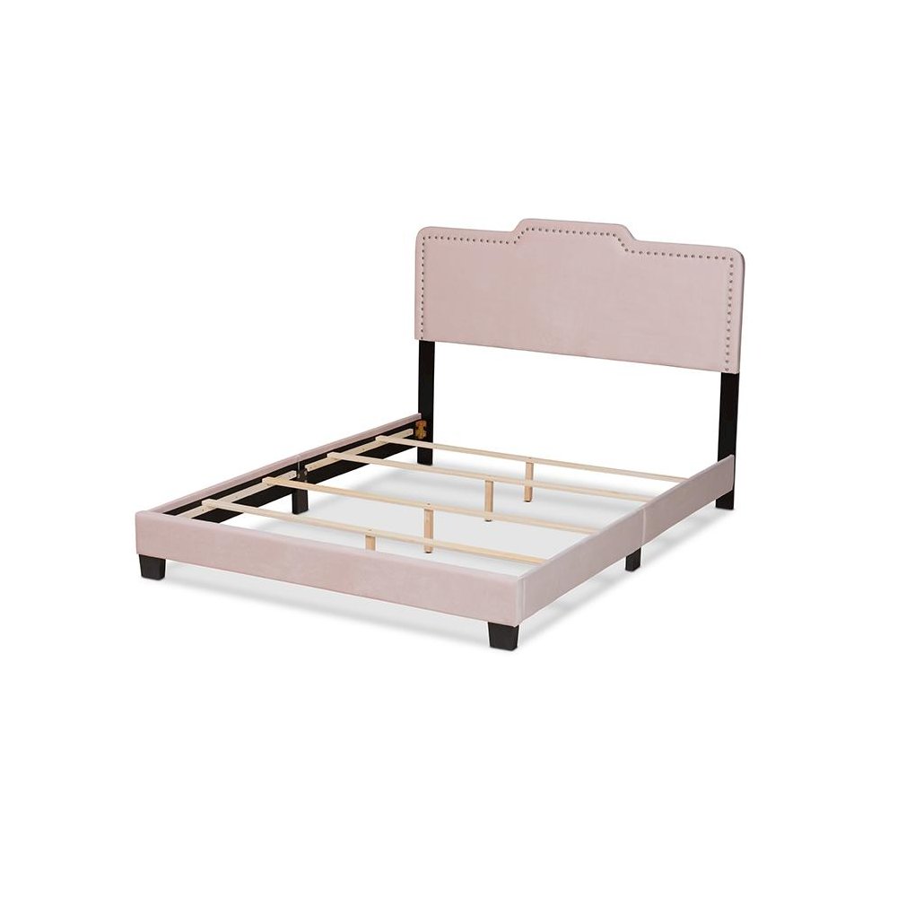 Glam Light Pink Velvet Fabric Upholstered Queen Size Panel Bed