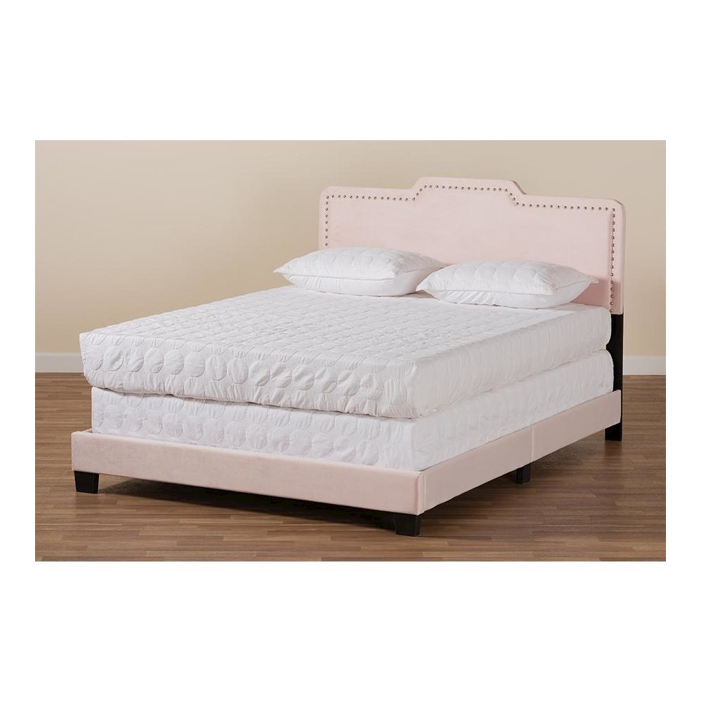 Glam Light Pink Velvet Fabric Upholstered Queen Size Panel Bed
