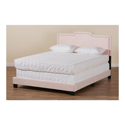 Glam Light Pink Velvet Fabric Upholstered Queen Size Panel Bed