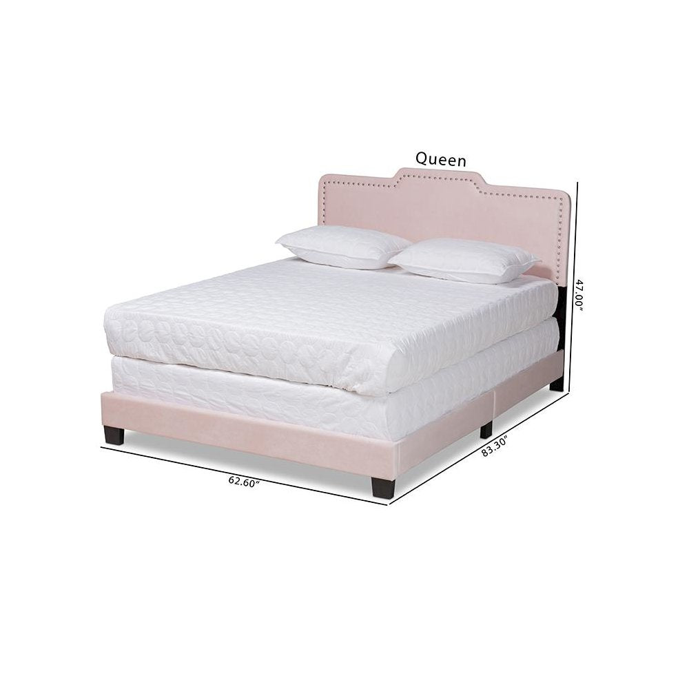 Glam Light Pink Velvet Fabric Upholstered Queen Size Panel Bed