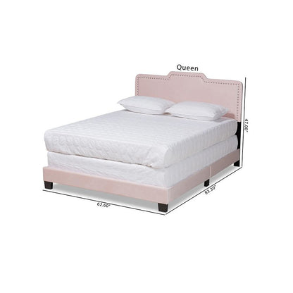 Glam Light Pink Velvet Fabric Upholstered Queen Size Panel Bed