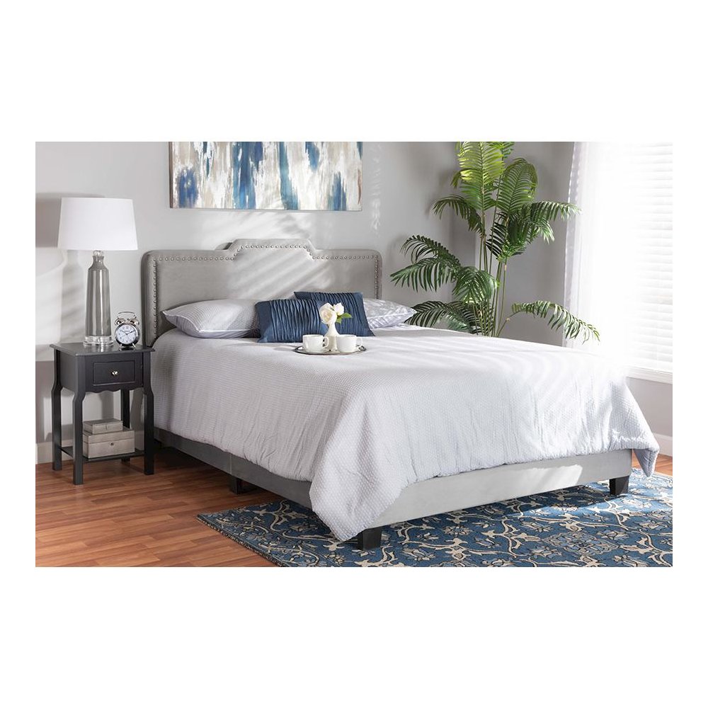 Glam Grey Velvet Fabric Upholstered Queen Size Panel Bed