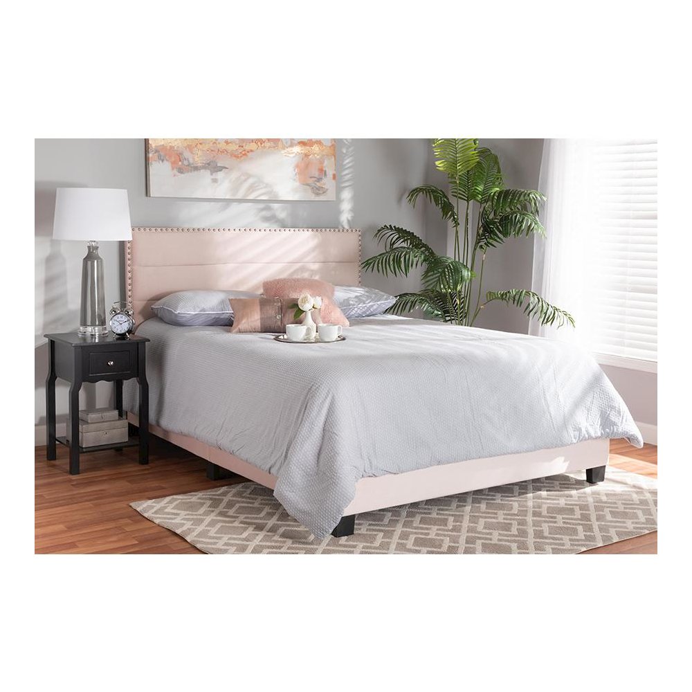 Glam Light Pink Velvet Fabric Upholstered Full Size Panel Bed