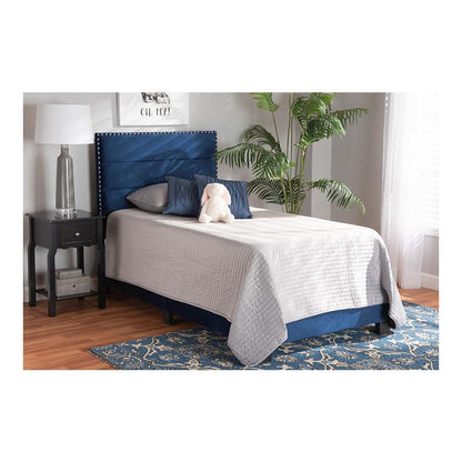Glam Navy Blue Velvet Fabric Upholstered Twin Size Panel Bed
