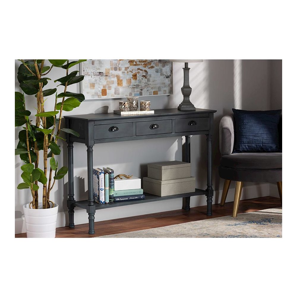 Garvey French Provincial Dark Blue Gray Wood 3-Drawer Entryway Console Table