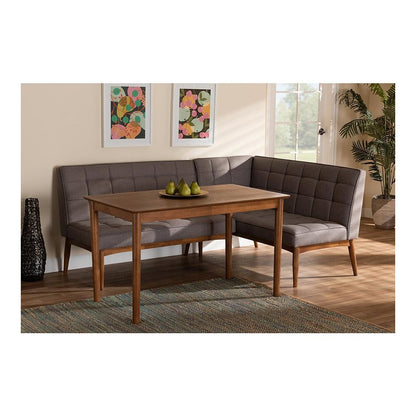 Grey Fabric Upholstered and Walnut Brown Finished Wood 3-Piece Dining Nook Set