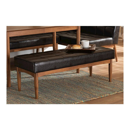 Leather Upholstered and Walnut Brown Finished Wood Dining Bench