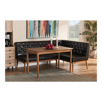 Leather Upholstered and Walnut Brown Finished Wood 3-Piece Dining Nook Set