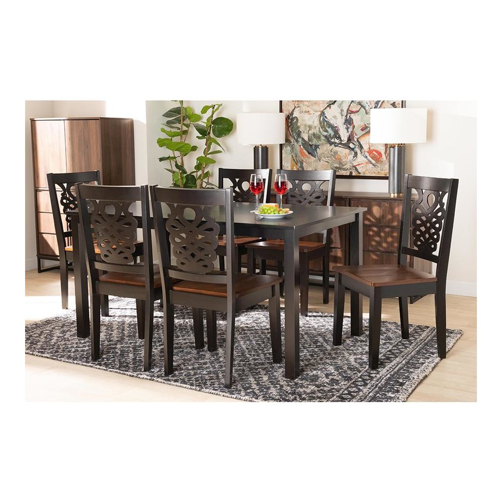 Two-Tone Dark Brown and Walnut Brown Finished Wood 7-Piece Dining Set