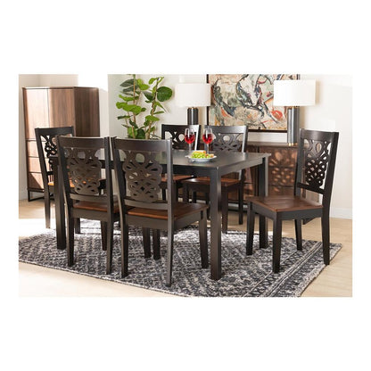 Two-Tone Dark Brown and Walnut Brown Finished Wood 7-Piece Dining Set