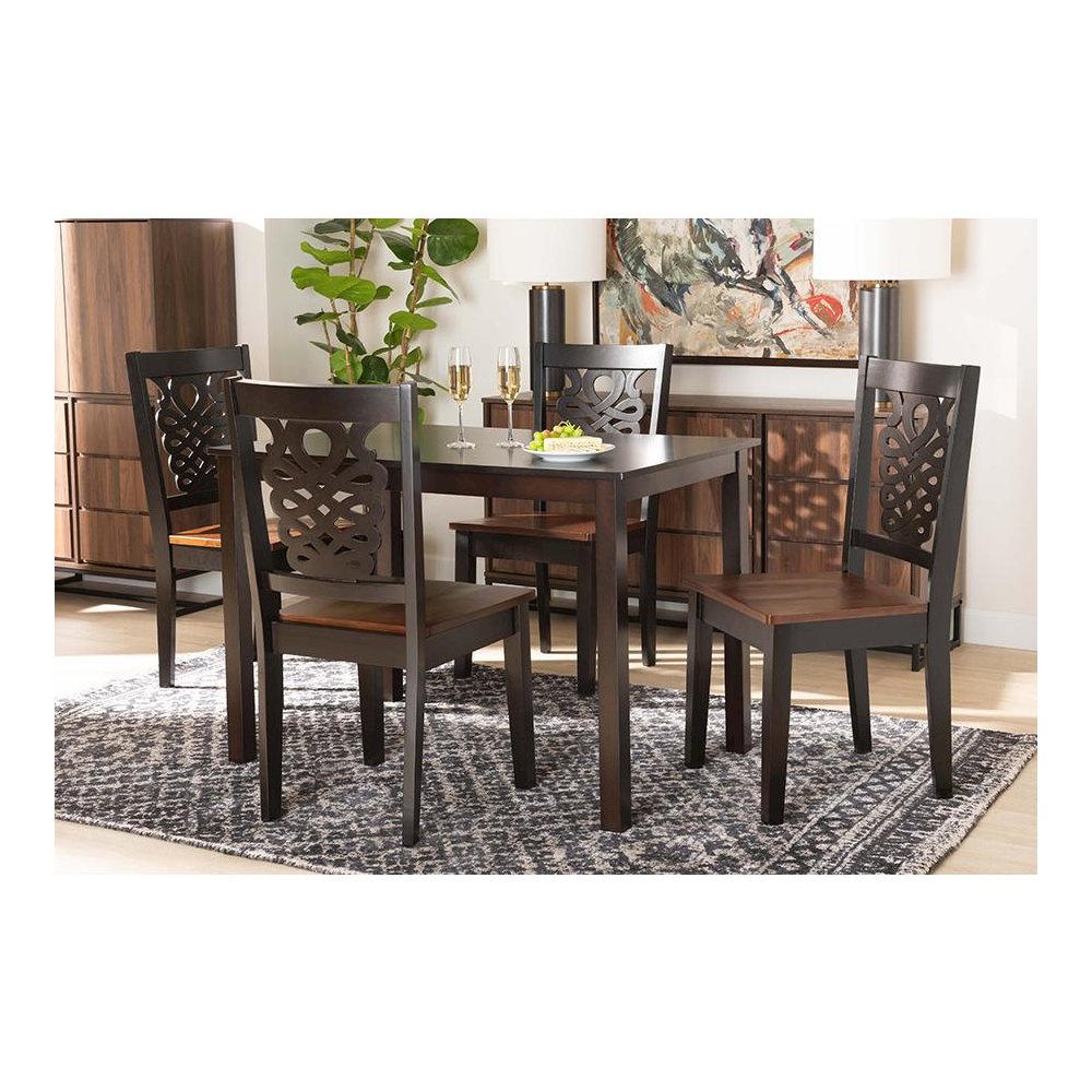 Two-Tone Dark Brown and Walnut Brown Finished Wood 5-Piece Dining Set