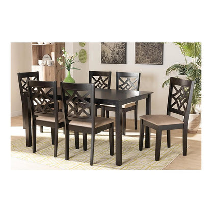 Sand Fabric Upholstered and Dark Brown Finished Wood 7-Piece Dining Set
