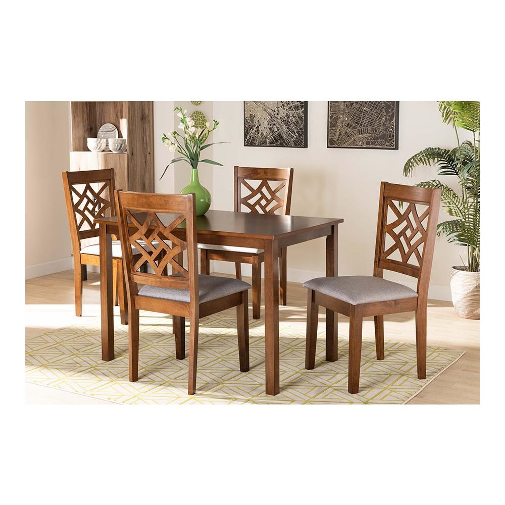 Grey Fabric Upholstered and Walnut Brown Finished Wood 5-Piece Dining Set
