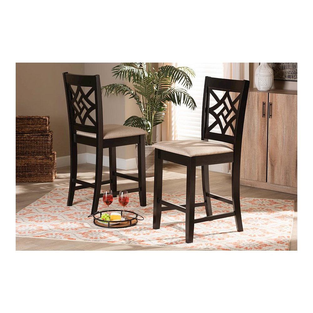 Sand Fabric Upholstered and Dark Brown Finished Wood 2-Piece Counter Stool Set