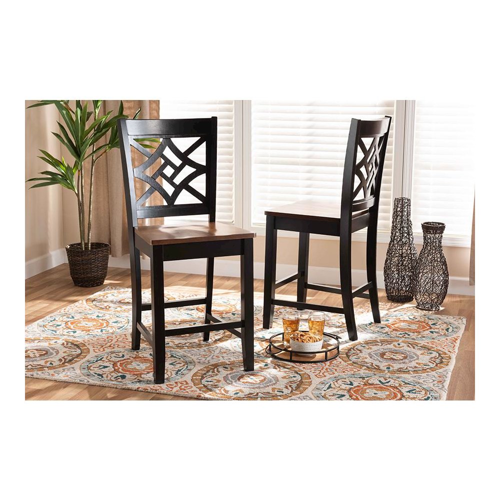 Two-Tone Dark Brown and Walnut Brown Finished Wood 2-Piece Counter Stool Set