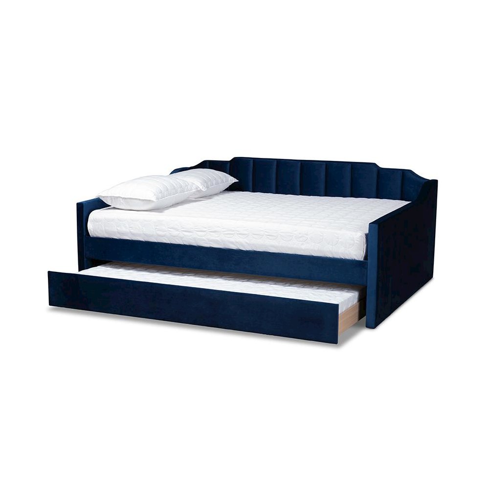 Navy Blue Velvet Fabric Upholstered Queen Size Daybed with Trundle