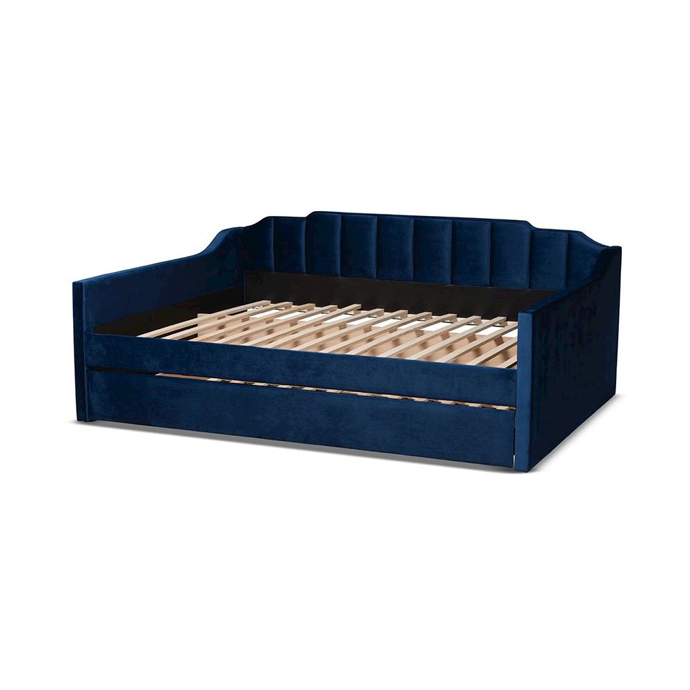 Navy Blue Velvet Fabric Upholstered Queen Size Daybed with Trundle