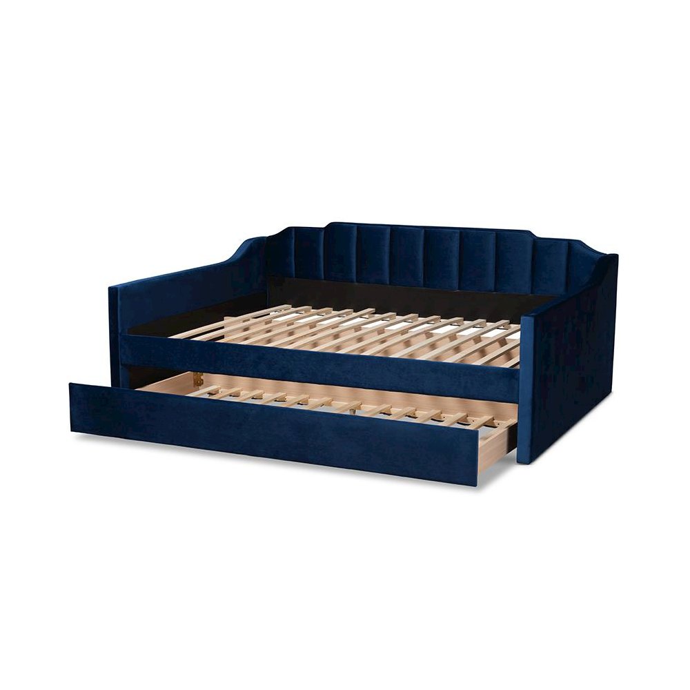 Navy Blue Velvet Fabric Upholstered Queen Size Daybed with Trundle