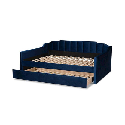 Navy Blue Velvet Fabric Upholstered Queen Size Daybed with Trundle