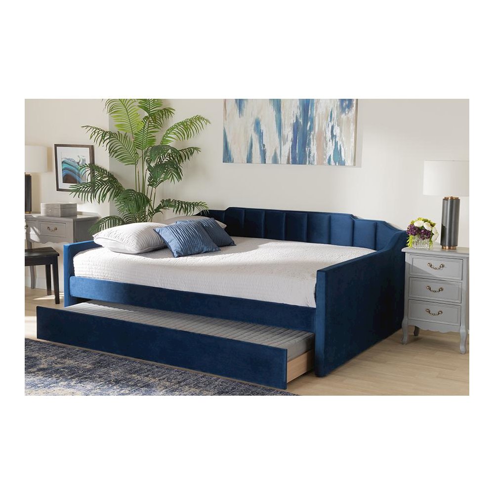 Navy Blue Velvet Fabric Upholstered Queen Size Daybed with Trundle