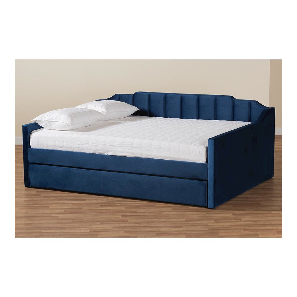 Navy Blue Velvet Fabric Upholstered Queen Size Daybed with Trundle