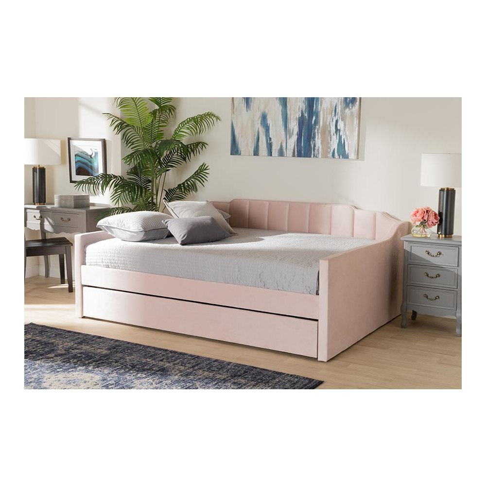 Pink Velvet Fabric Upholstered Full Size Daybed with Trundle