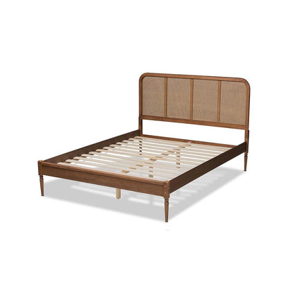 Walnut Brown Finished Wood and Synthetic Rattan Queen Size Platform Bed
