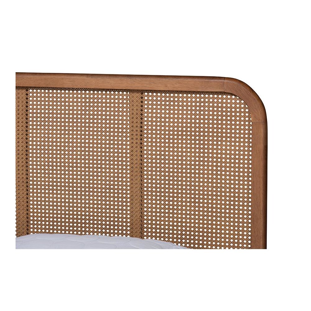Walnut Brown Finished Wood and Synthetic Rattan Queen Size Platform Bed