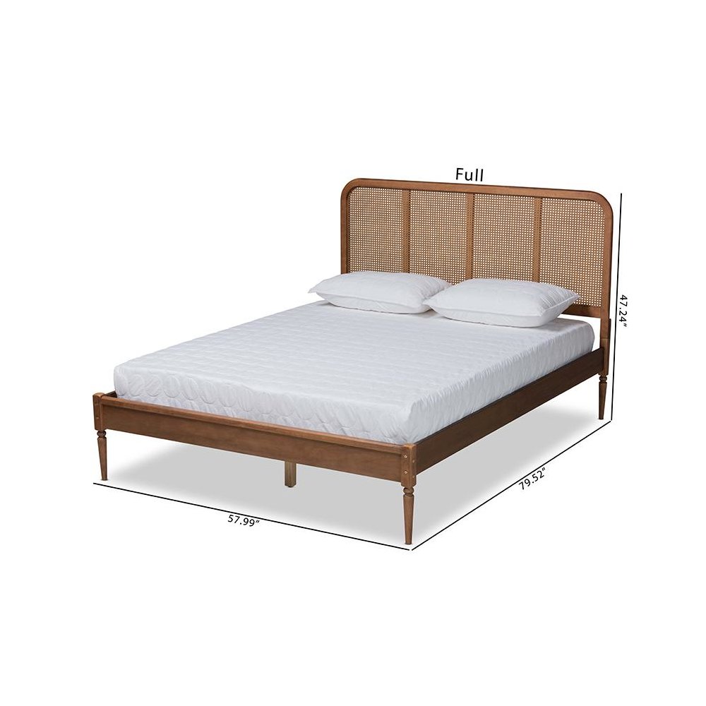 Walnut Brown Finished Wood and Synthetic Rattan Queen Size Platform Bed